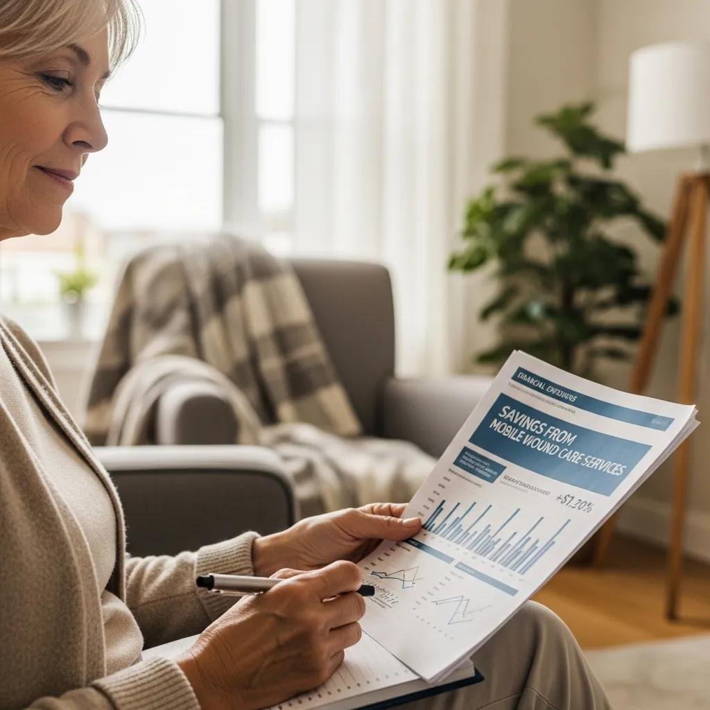 Woman analyzing financial report on savings from mobile wound care services, sitting in a cozy home environment with a pen in hand, emphasizing cost-effectiveness and patient care.