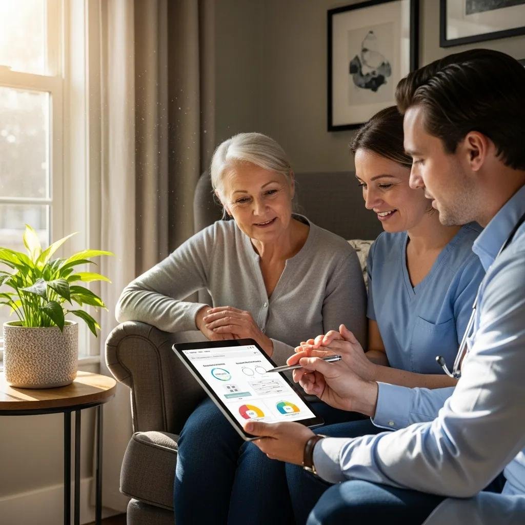 Patient and caregiver discussing wound care documentation with a healthcare provider, reviewing digital records and engaging in collaborative conversation in a comfortable setting.