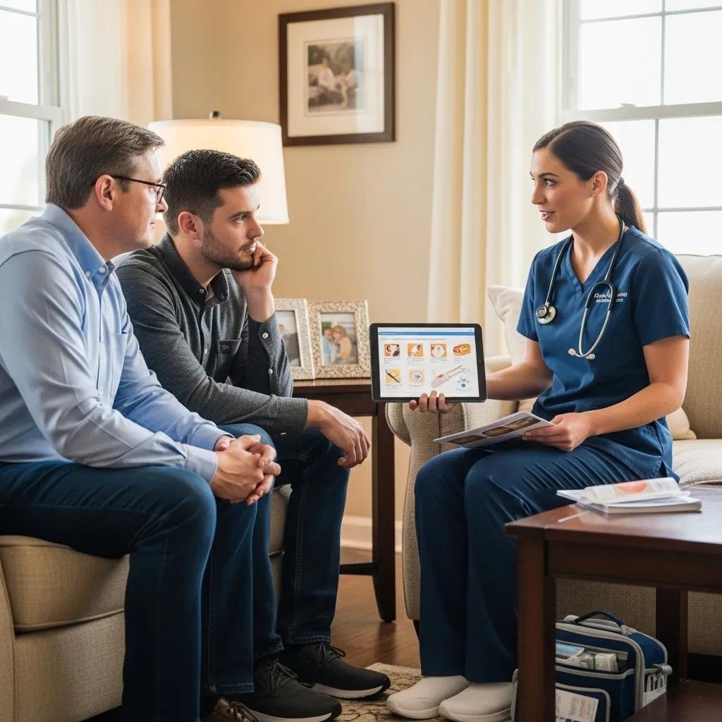 Patient and family member consulting with a mobile wound care provider, discussing care options and decision-making factors, in a home setting.