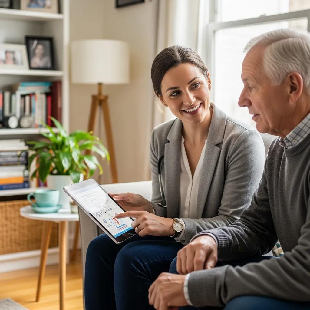 Patient discussing wound care treatment options with specialist in a home setting, utilizing a tablet for visual aids and fostering clear communication.
