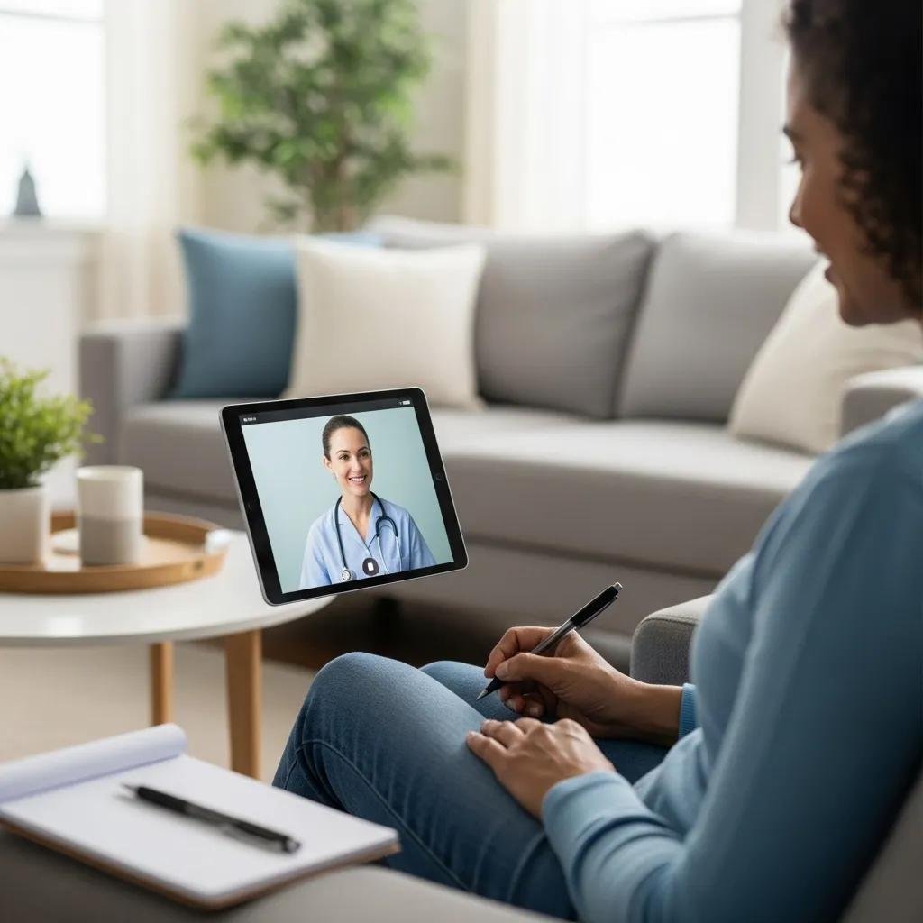 Patient engaged in a telehealth consultation on a tablet, interacting with a healthcare professional, highlighting modern mobile wound care and continuous patient support.