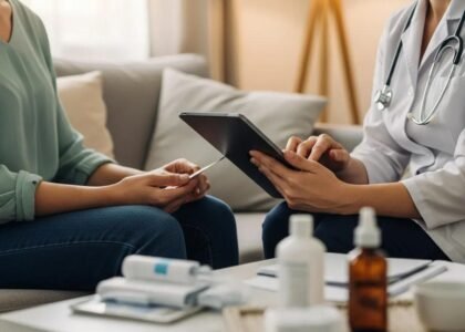 Patient engaging in telehealth consultation for wound care with healthcare provider, discussing treatment options using a tablet, surrounded by medical supplies.