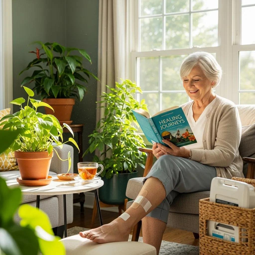 Senior woman reading "Healing Journeys" at home, relaxed with tea, showcasing comfort and recovery after mobile wound assessment, with visible bandages on her leg.