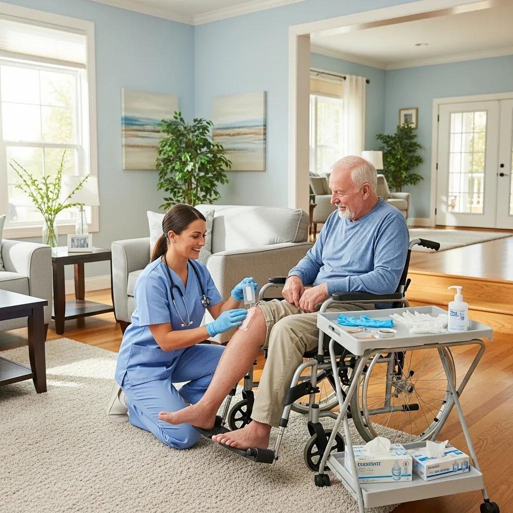 Nurse providing wound care to a patient in a wheelchair in a cozy living room, emphasizing mobile wound care accessibility and personalized treatment at home.