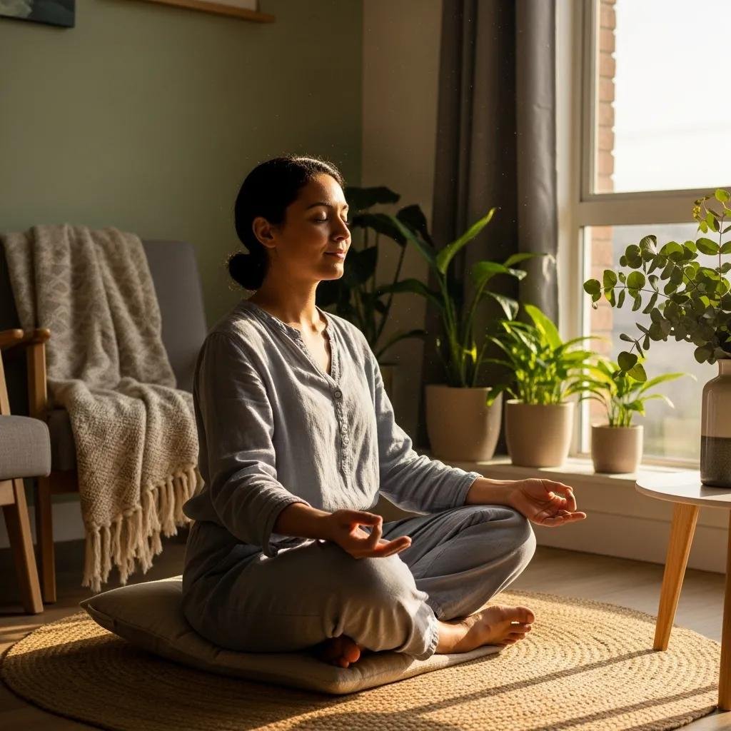 Person practicing mindfulness meditation in a serene indoor setting, promoting mental health and emotional support for wound healing.