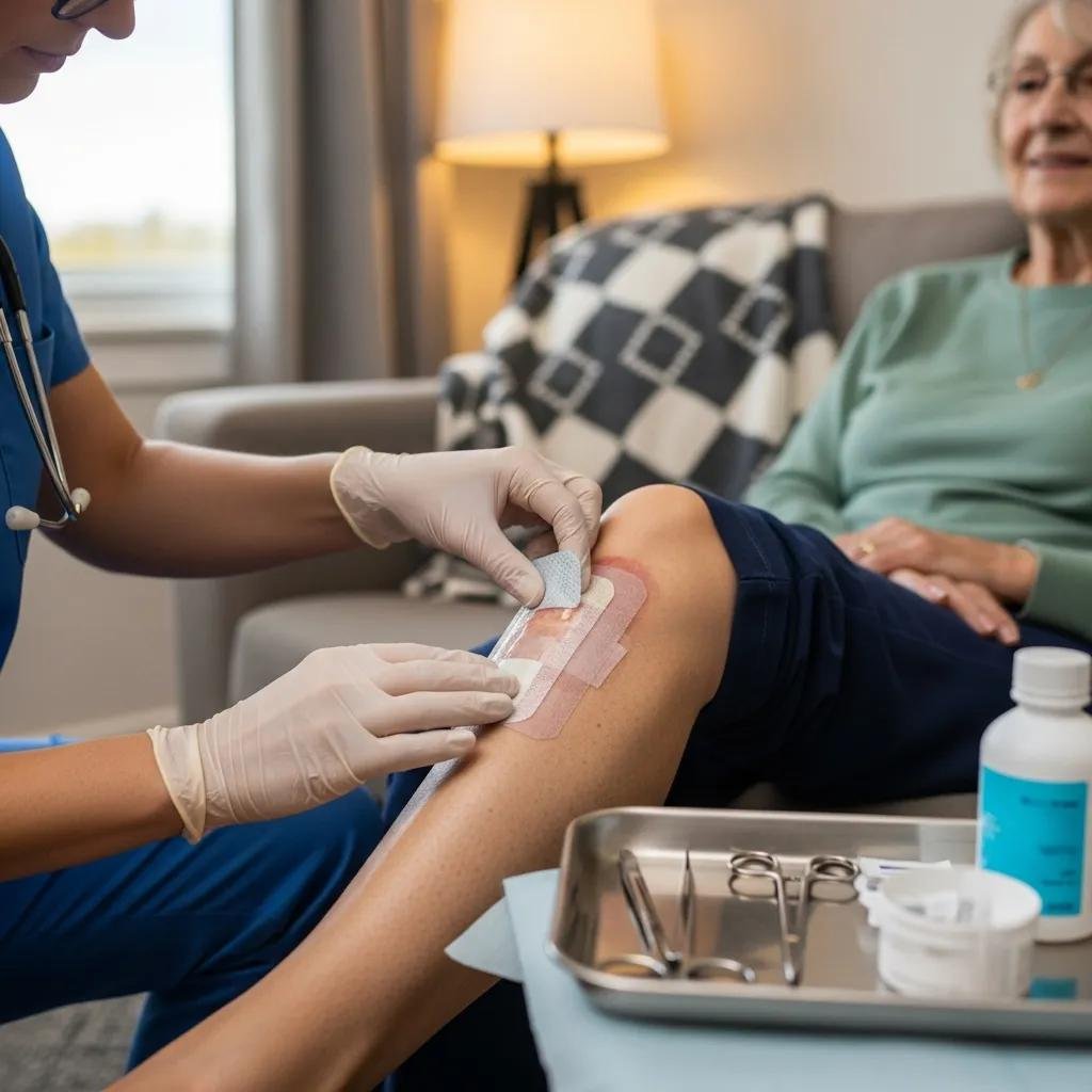 Patient receiving advanced wound care at home, clinician applying dressing to leg wound, showcasing mobile healthcare services and personalized treatment.