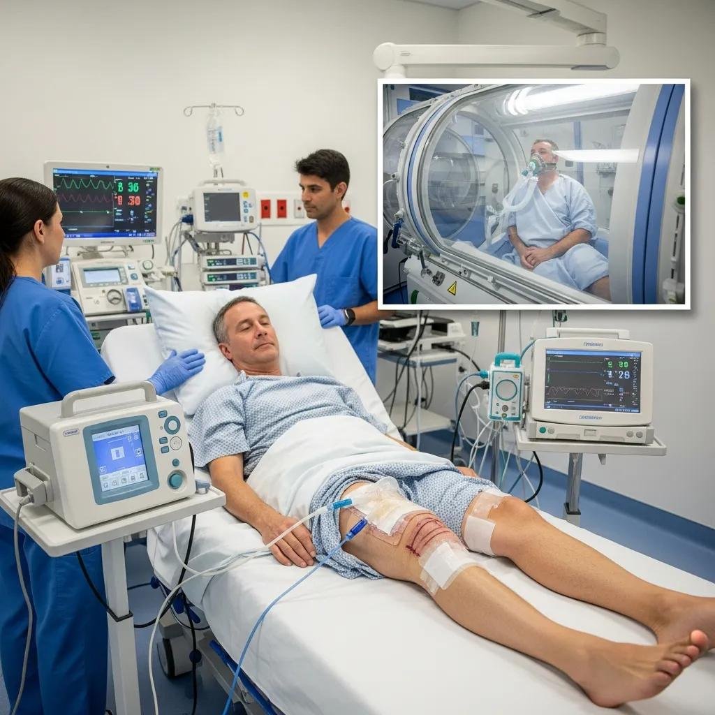 Patient receiving advanced wound treatment in a modern medical facility, with healthcare professionals monitoring vital signs and administering care, showcasing advanced medical equipment and techniques for effective wound healing.