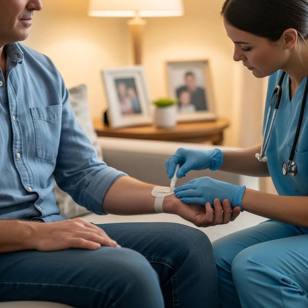 Patient receiving at-home wound care from a healthcare professional in a comfortable living room, illustrating mobile wound care services and personalized treatment.