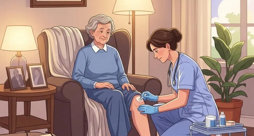 Patient receiving home wound care from a nurse in a cozy living room, emphasizing comfort and personalized treatment for chronic wound management.