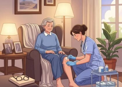 Patient receiving home wound care from a nurse in a cozy living room, highlighting personalized treatment and comfort in chronic wound management.