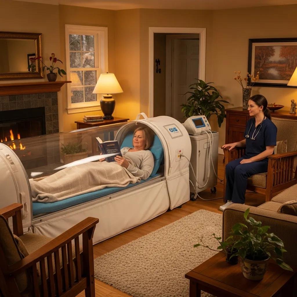 Patient receiving mobile Hyperbaric Oxygen Therapy in a home setting, emphasizing comfort and accessibility, with a healthcare professional nearby.