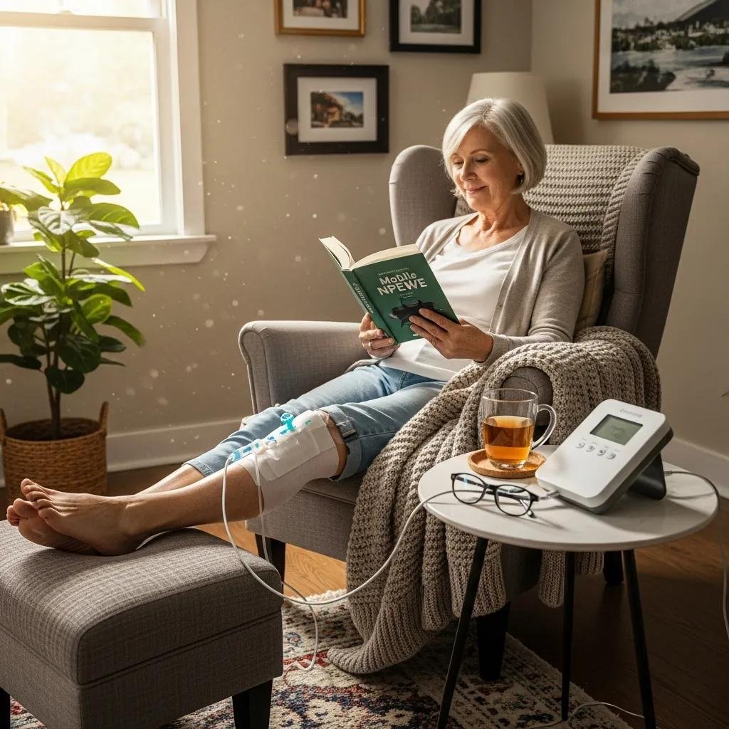 Senior woman reading a book while receiving mobile negative pressure wound therapy at home, showcasing comfort and integration of NPWT into daily life, with a suction pump and dressing on her leg.