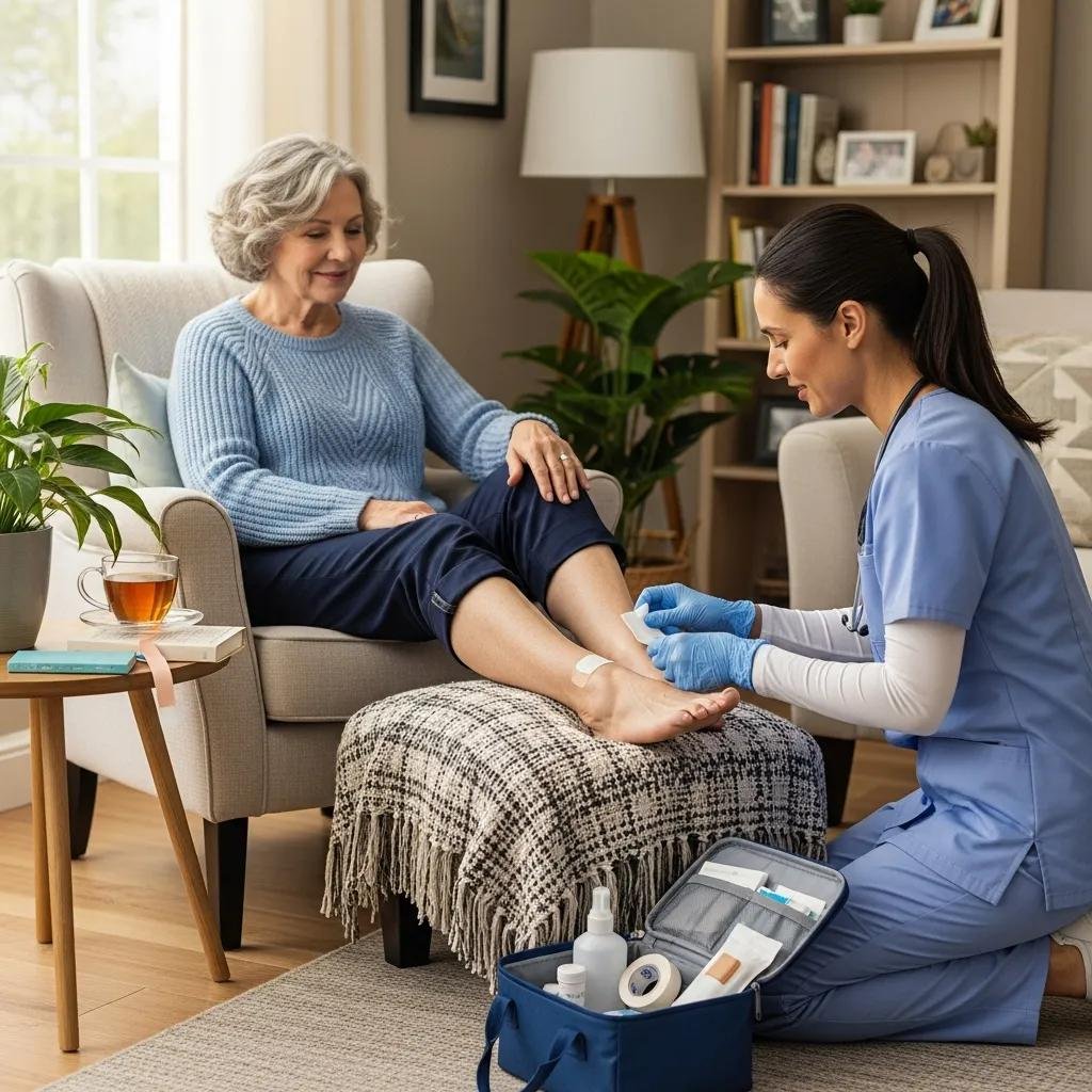 Patient receiving mobile stem cell wound care from a clinician in a home setting, emphasizing personalized treatment for chronic wounds.