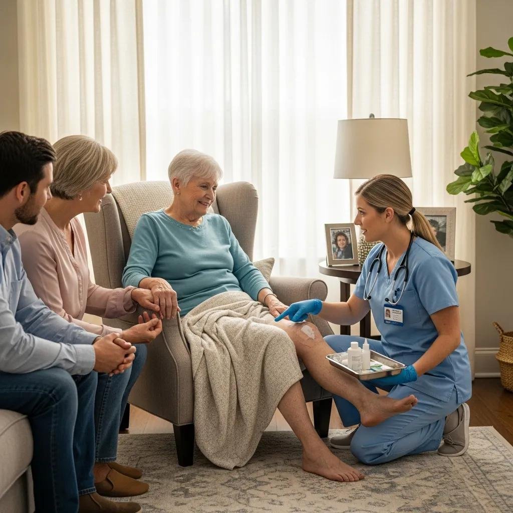 Patient receiving mobile wound care at home, surrounded by family members, with a clinician providing treatment, emphasizing comfort and support in a familiar environment.