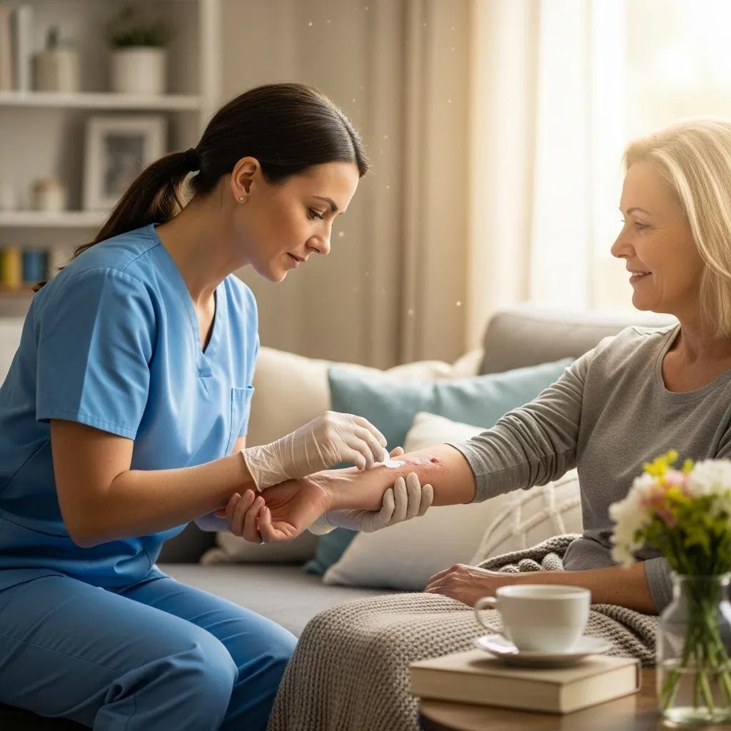 Healthcare professional providing mobile wound care to a patient at home, emphasizing personalized treatment and comfort.