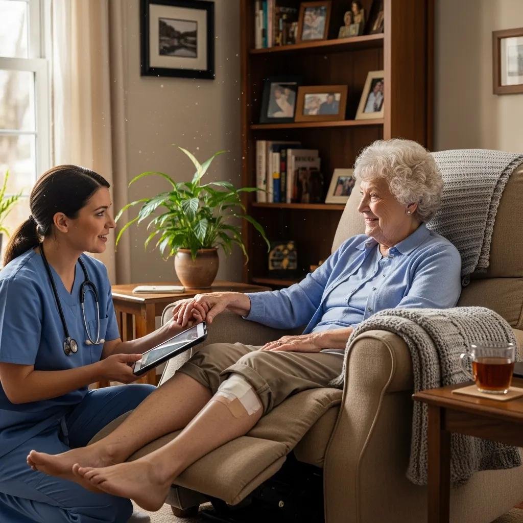 Nurse providing mobile wound care to elderly patient at home, illustrating personalized treatment and comfort in a familiar environment.