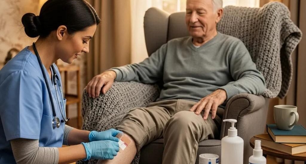 Patient receiving mobile wound care at home with caregiver providing compassionate assistance, showcasing home health environment and wound treatment supplies.