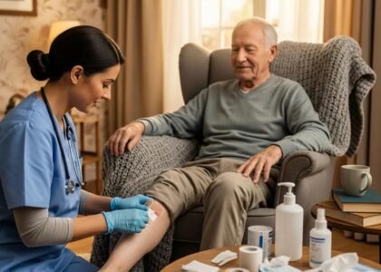 Caregiver providing in-home wound care to elderly patient, focusing on chronic wound management and patient comfort, with medical supplies visible in a cozy living room setting.