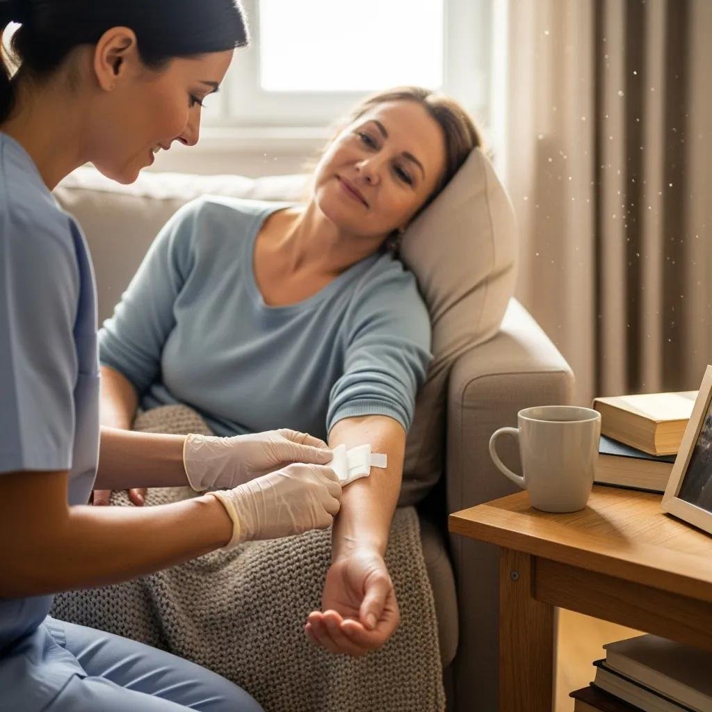 Patient receiving mobile wound care from a healthcare professional in a comfortable home setting, emphasizing personalized recovery and support after hospital discharge.