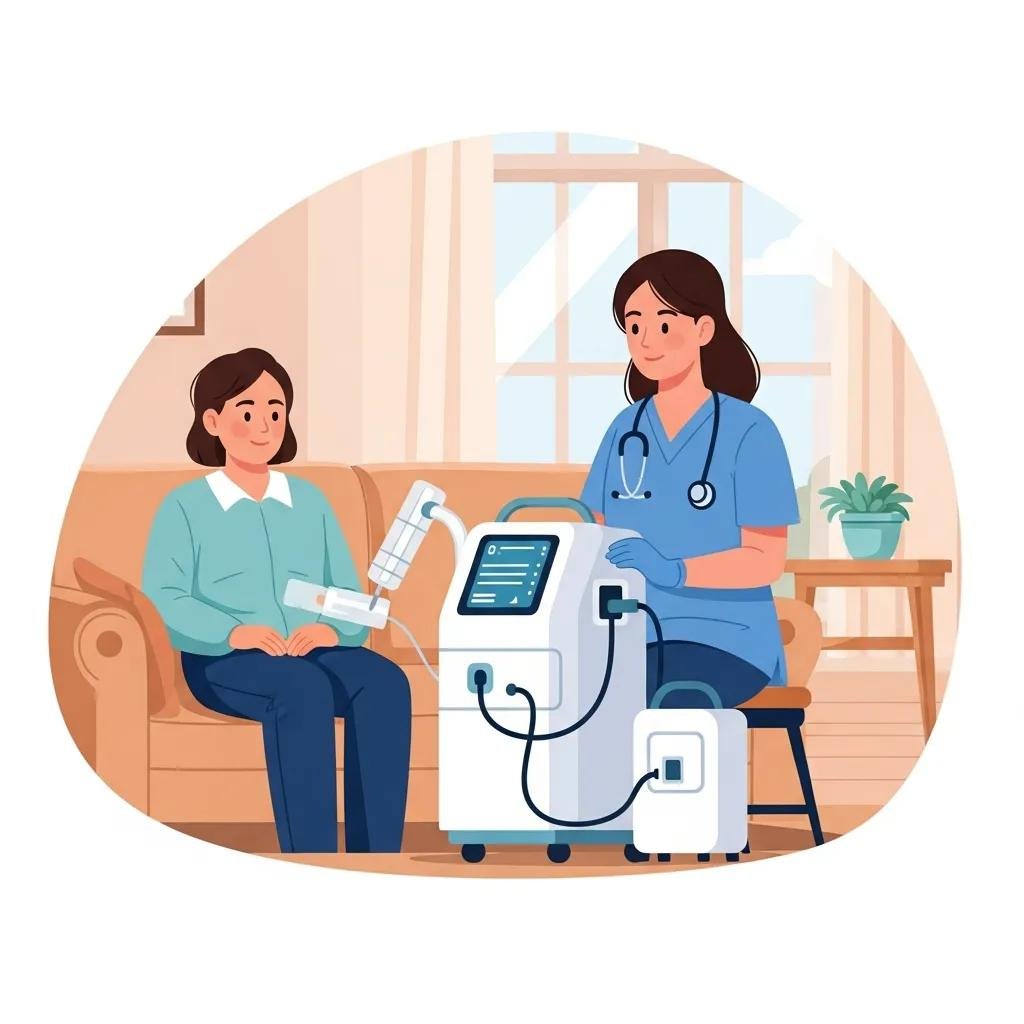Patient receiving advanced mobile wound care treatment at home, emphasizing comfort and accessibility, with a healthcare provider using a specialized device for diabetic foot ulcer management.