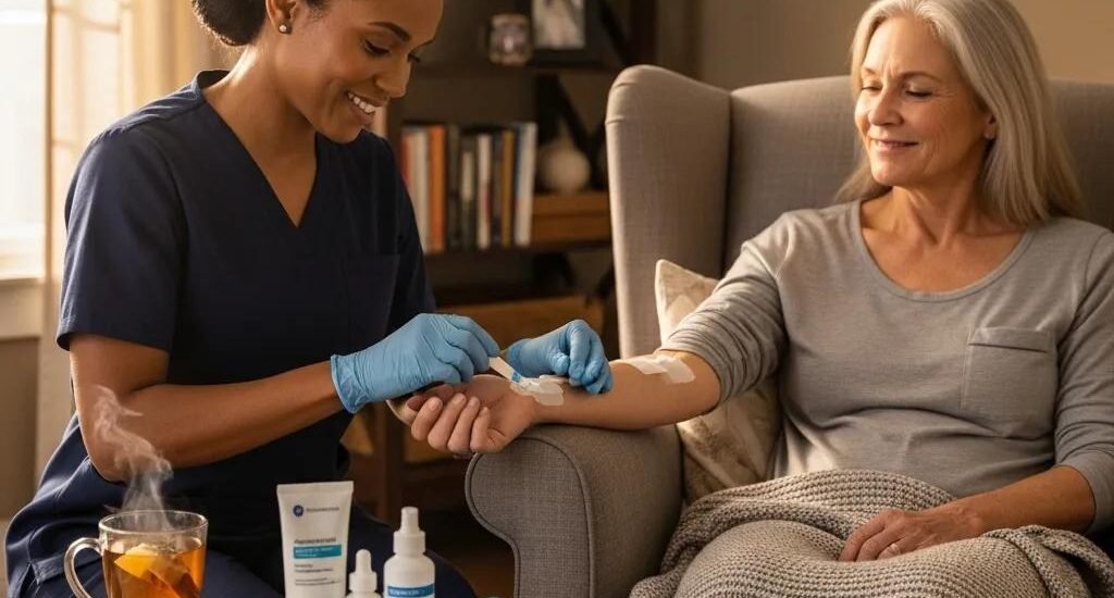 Patient receiving regenerative wound care at home from a healthcare professional, highlighting advanced treatment and comfort in a cozy living room setting.