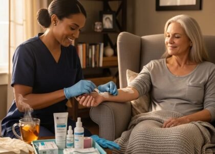 Patient receiving regenerative wound care at home from a certified specialist, highlighting comfort and advanced treatment options.