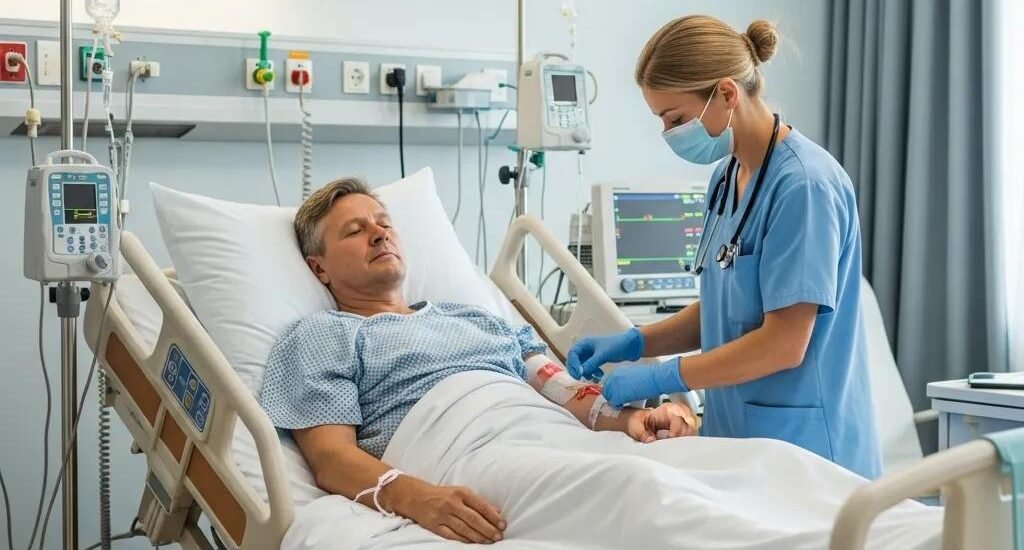 Patient receiving surgical wound care from a nurse in a calm hospital environment, emphasizing post-operative healing and management.