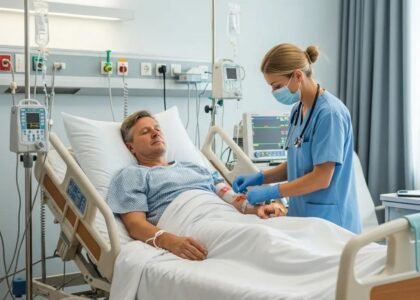 Patient receiving surgical wound care in a calm hospital environment, with a healthcare professional administering treatment.