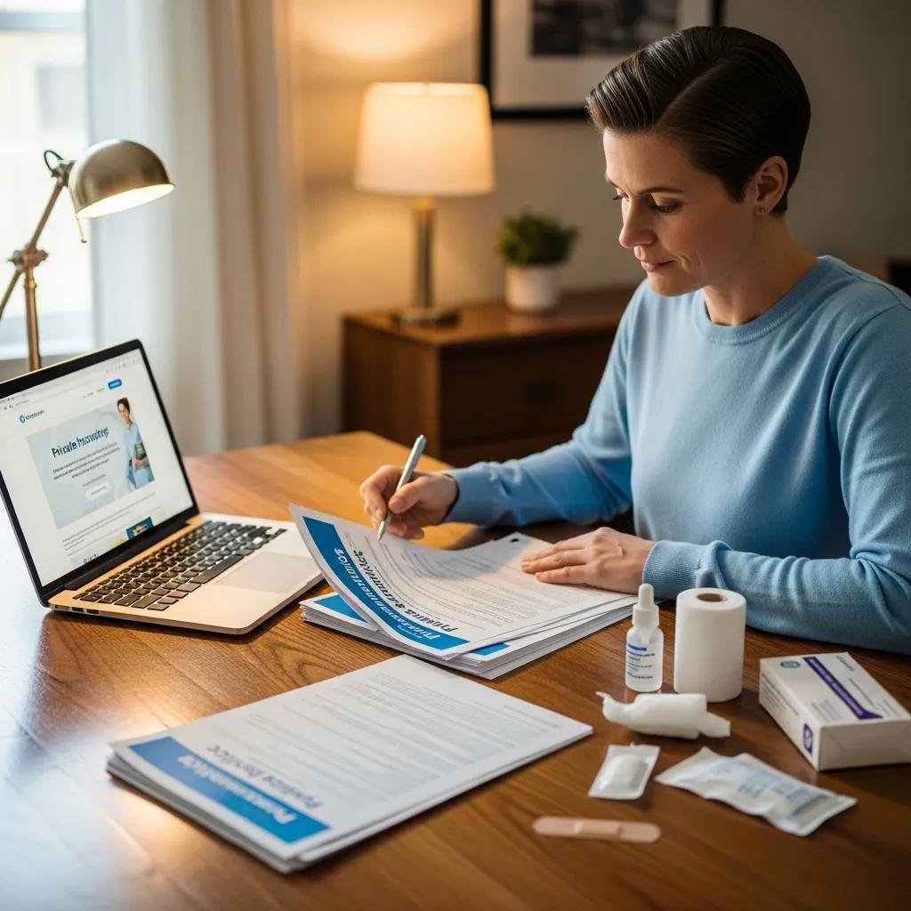 Woman reviewing private insurance paperwork for wound care, with medical supplies, laptop displaying insurance information, and a well-lit workspace.