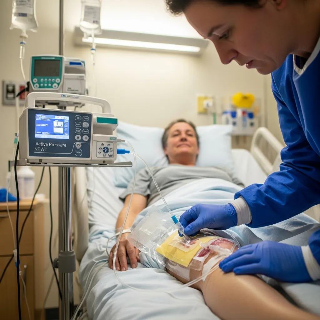 Patient receiving negative pressure wound therapy (NPWT) in a clinical setting, with a healthcare professional adjusting the therapy device on the patient's leg, promoting healing for chronic wounds.