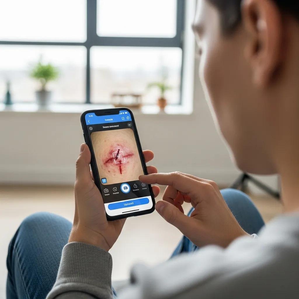 Patient using mobile app to upload wound images for remote assessment, showcasing digital engagement in telemedicine for wound care.