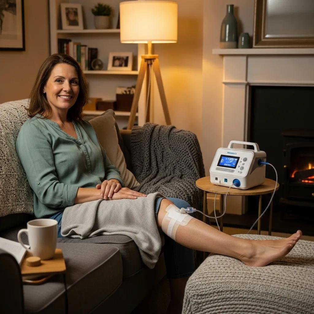 Woman using a portable negative pressure wound therapy device on her leg while sitting comfortably at home, showcasing advanced wound care technology for chronic wounds.