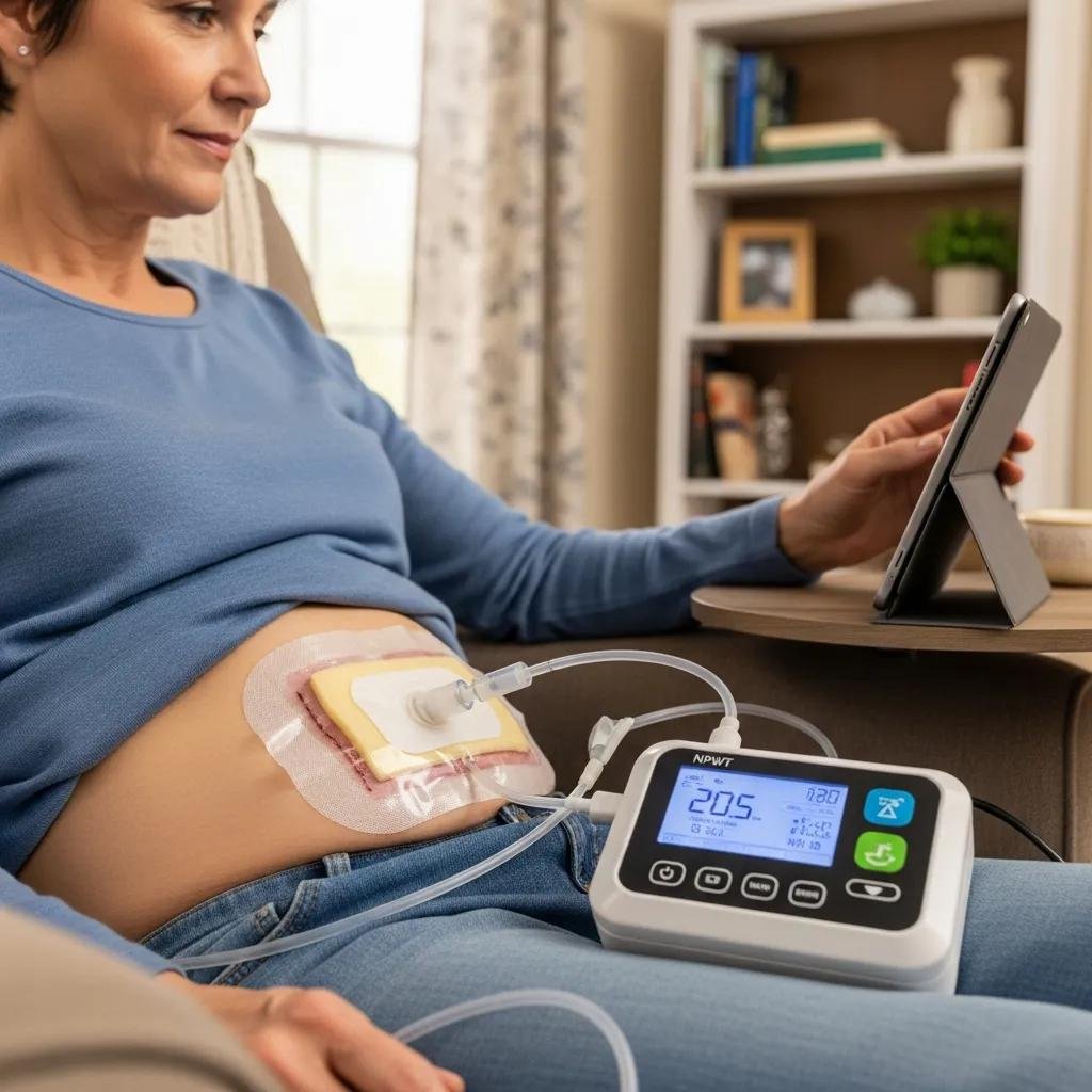Woman using a portable negative pressure wound therapy device at home, with a dressing on her abdomen and monitoring the device settings on a tablet.