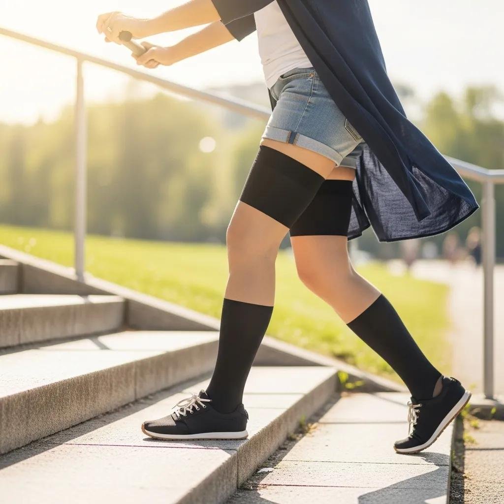 Patient wearing compression stockings while climbing stairs, illustrating the active lifestyle benefits of compression therapy for leg ulcer management and improved venous circulation.