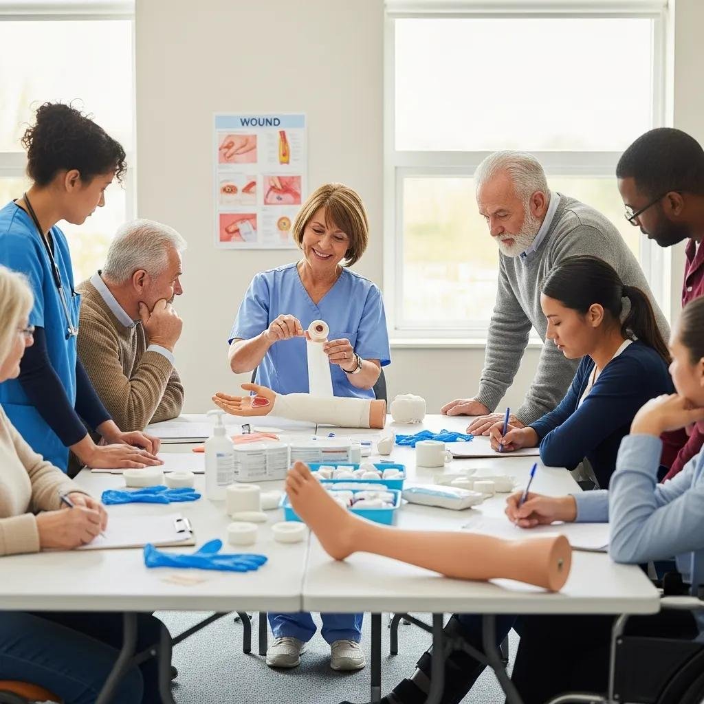 Group workshop where patients and caregivers learn wound care techniques