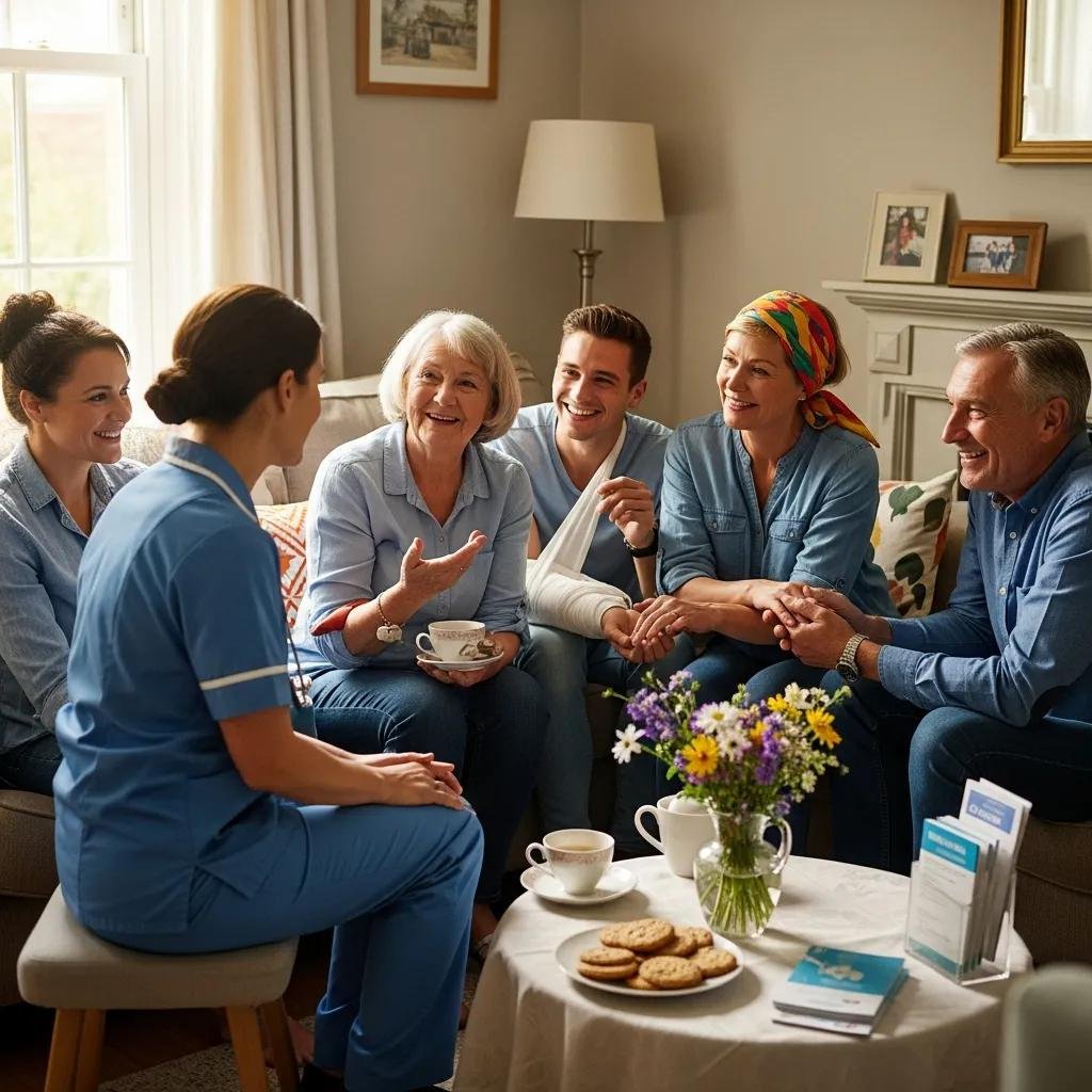Patients and nurse discussing mobile wound care services in a warm home setting, showcasing patient engagement and support, with tea and cookies on the table.