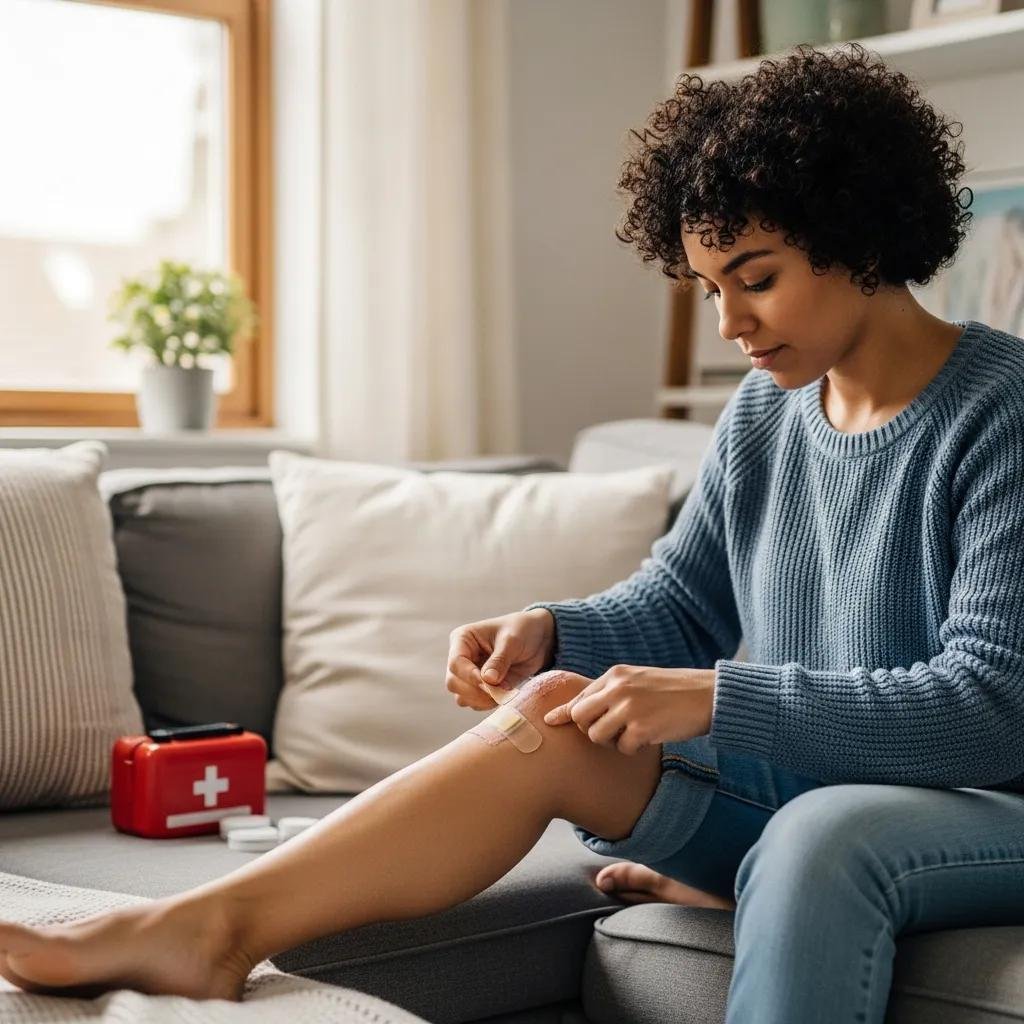 Person gently cleaning and bandaging a leg wound at home