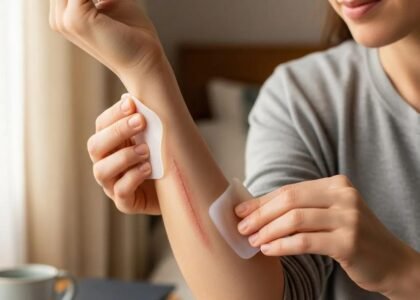 Person applying silicone sheets on a healing scar on the forearm, demonstrating effective scar management techniques for optimal wound care.