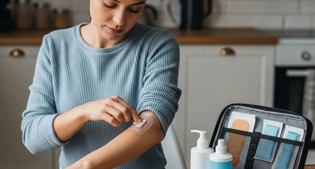 Person applying a bandage to a wound at home, with first aid supplies visible, illustrating home wound care practices.