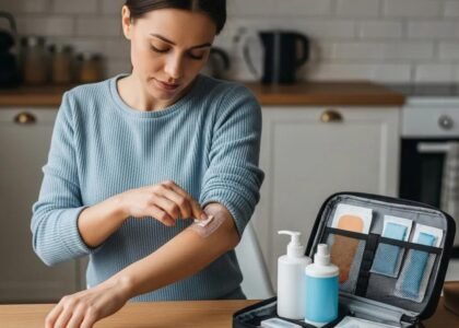 Person caring for a wound at home with first aid supplies