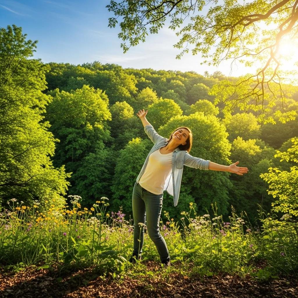 Person celebrating in a natural setting, symbolizing the benefits of quitting smoking for wound recovery, surrounded by greenery and flowers.