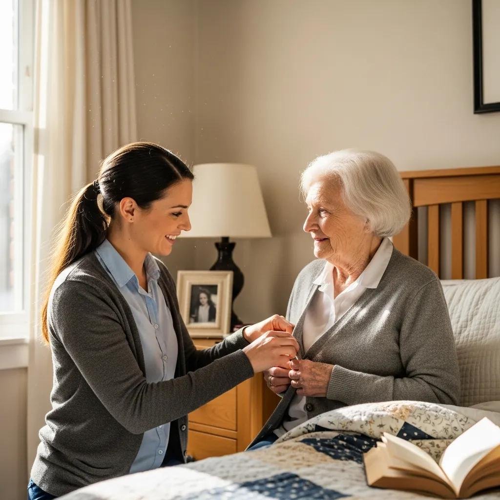 Personal care assistant helping elderly individual with daily activities, emphasizing personal care support