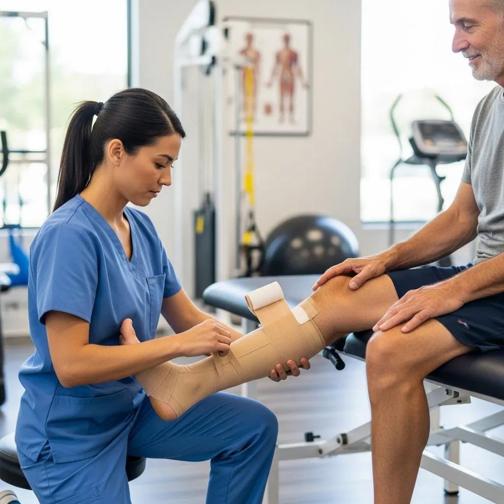 Physical therapist applying compression therapy to a patient's leg in a clinical setting, enhancing wound care and recovery.