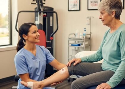Physical therapist assisting elderly patient with wound care exercises in bright clinic, focusing on recovery and rehabilitation.