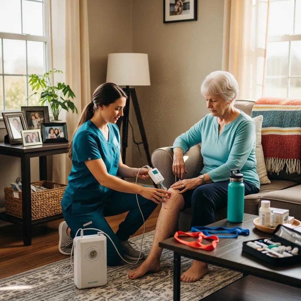 Physical therapist providing mobile wound care to an elderly patient at home, focusing on ankle and calf mobility for venous leg ulcer healing, with therapeutic equipment and personal care items visible in a cozy living room setting.