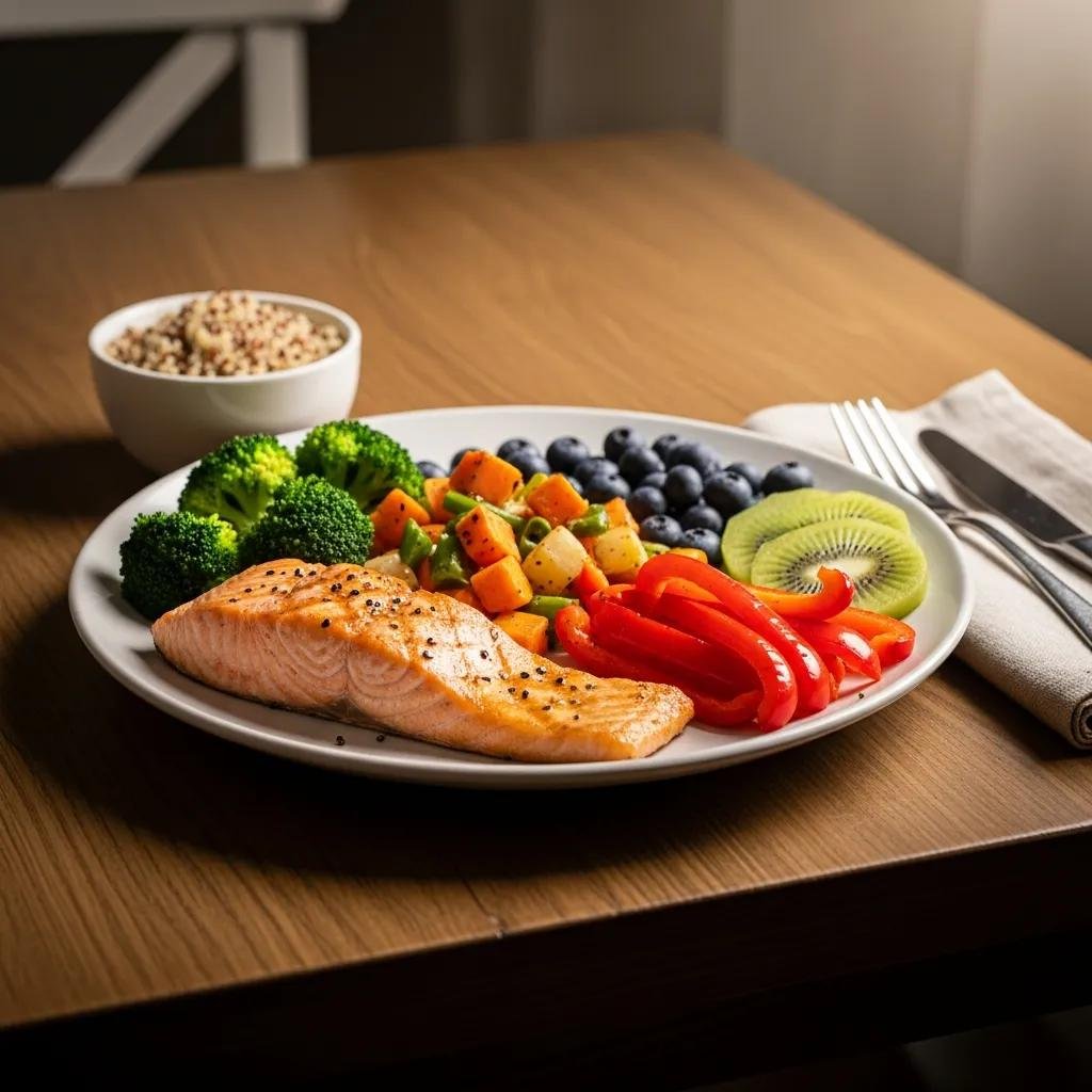 Plate of nutritious foods including salmon, broccoli, mixed vegetables, blueberries, red bell peppers, and kiwi, emphasizing dietary support for wound healing and recovery in bedridden patients.