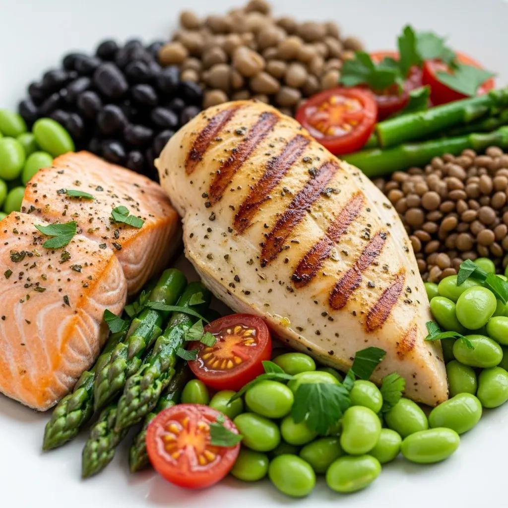 Plate of protein-rich foods including grilled chicken, salmon, black beans, lentils, asparagus, edamame, and cherry tomatoes, emphasizing nutritional support for wound healing.