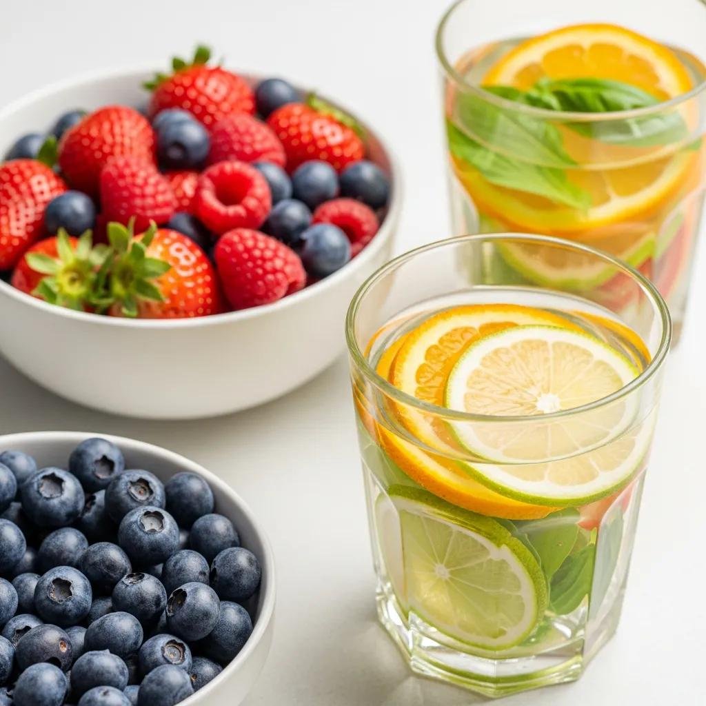 Refreshing beverage with citrus slices and basil promoting hydration, alongside bowls of strawberries, raspberries, and blueberries, emphasizing the importance of hydration for skin health and healing.