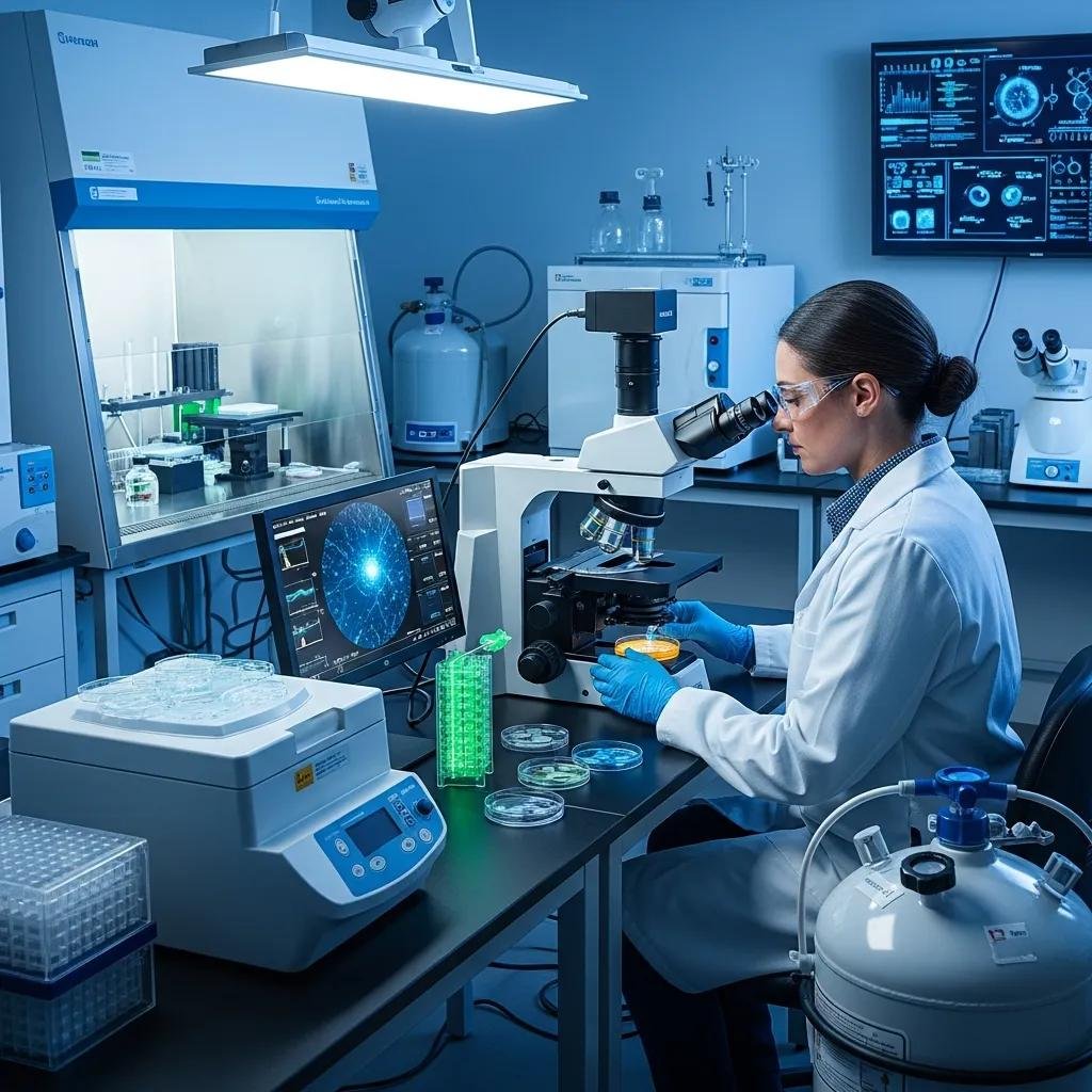 Researcher examining stem cells under a microscope in a laboratory, highlighting innovative regenerative therapies for chronic wound care, with petri dishes and scientific equipment visible.