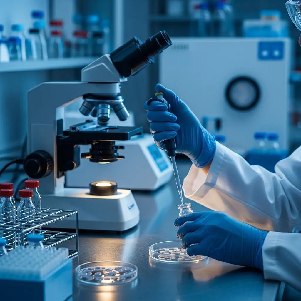 Scientist in laboratory preparing stem cell therapy using a pipette and microscope, illustrating advanced regenerative treatments for wound healing.